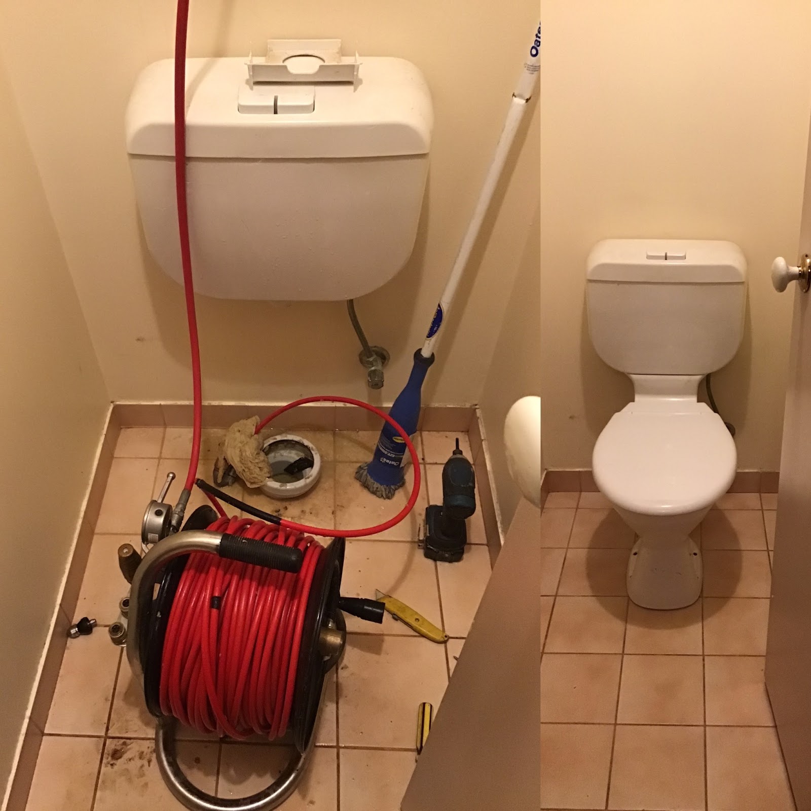 Blocked toilet pulled up with the drain machine running, and the finished pan back in place